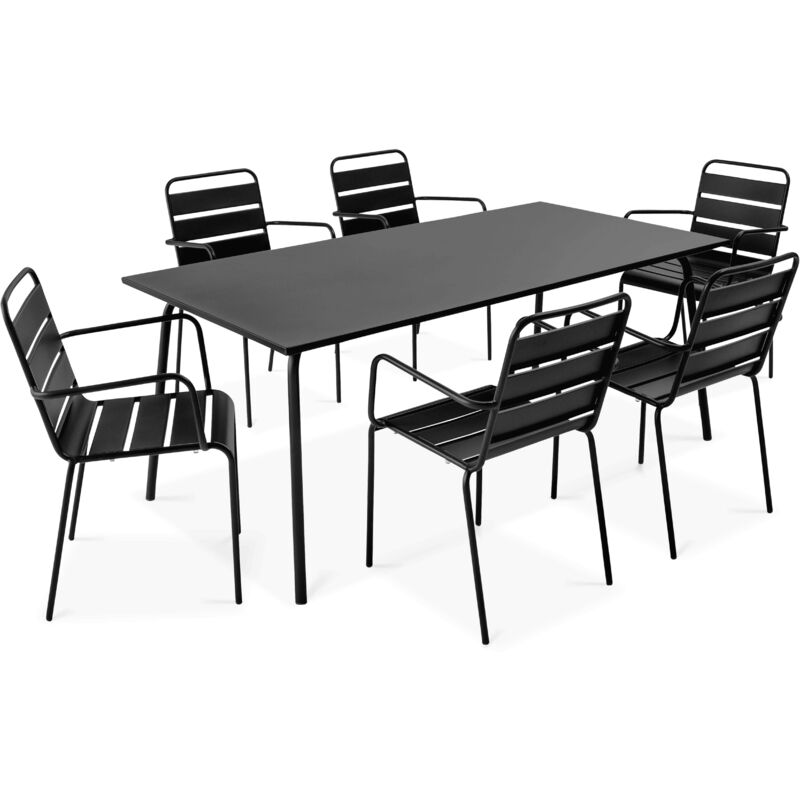Ensemble table de jardin et 6 fauteuils en métal noir - Palavas