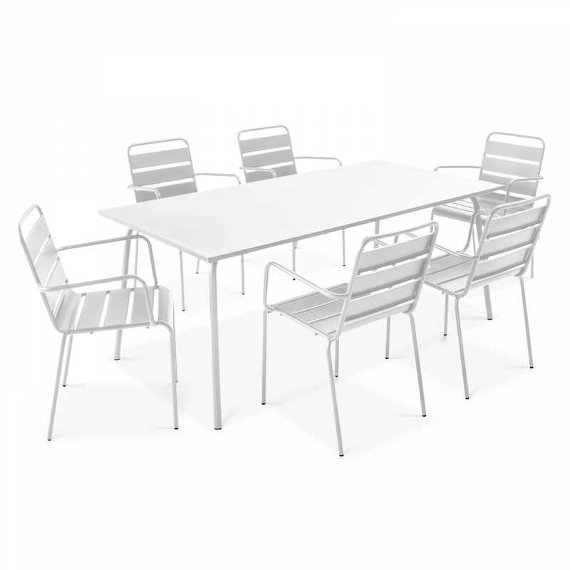 Ensemble table de jardin et 6 fauteuils en métal blanc - Palavas