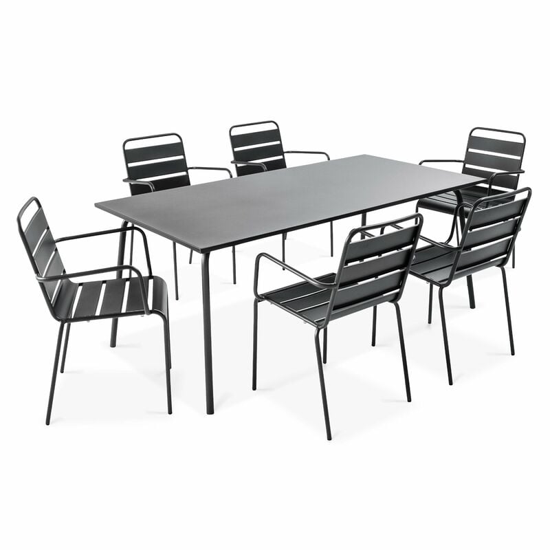 Ensemble table de jardin et 6 fauteuils en métal gris - Palavas
