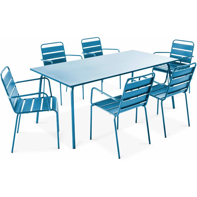 Ensemble table de jardin et 6 fauteuils en métal bleu pacific - Palavas - Bleu Pacific
