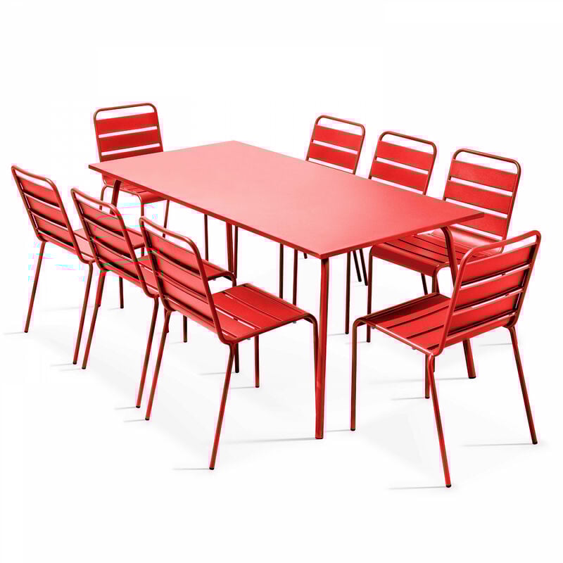 Ensemble table de jardin et 8 chaises en métal rouge - Palavas