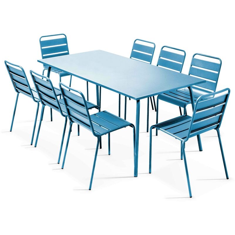 Ensemble table de jardin et 8 chaises en métal bleu pacific - Palavas