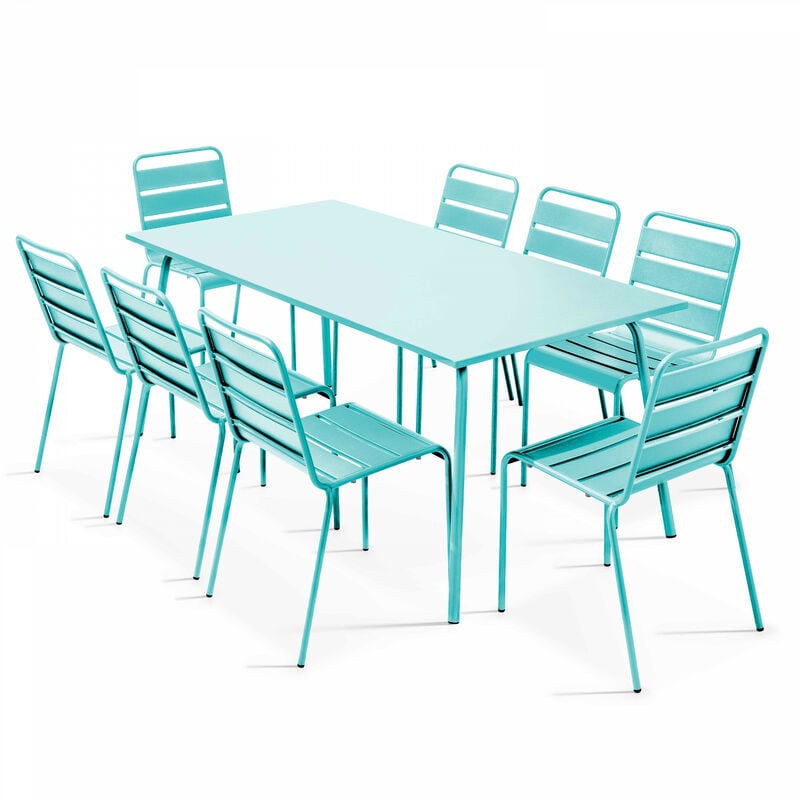 Ensemble table de jardin et 8 chaises en métal turquoise - Palavas