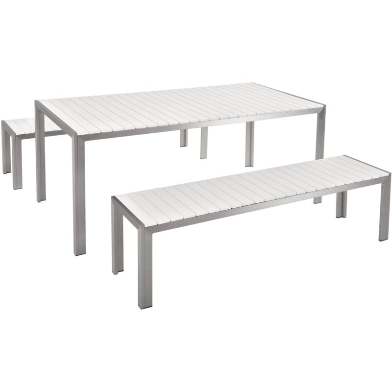 Table de Jardin et 2 Bancs 180 x 90 cm en Bois Synthétique Blanc et Aluminium Nardo