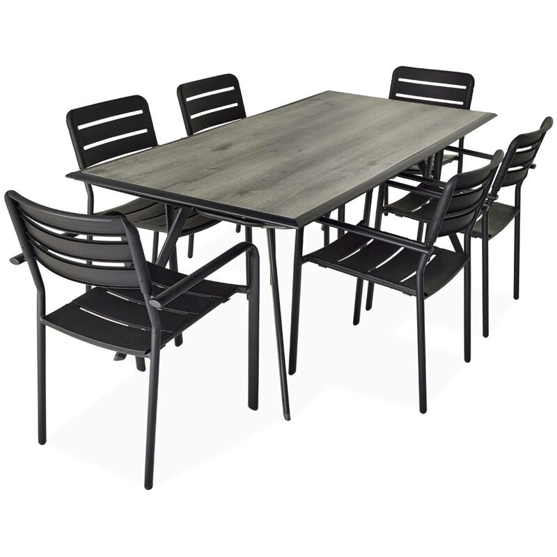 Sweeek - Table de jardin longueur 180cm plateau effet bois structure acier avec 6 chaises en acier incluses Bois foncé / Noir - Bois foncé