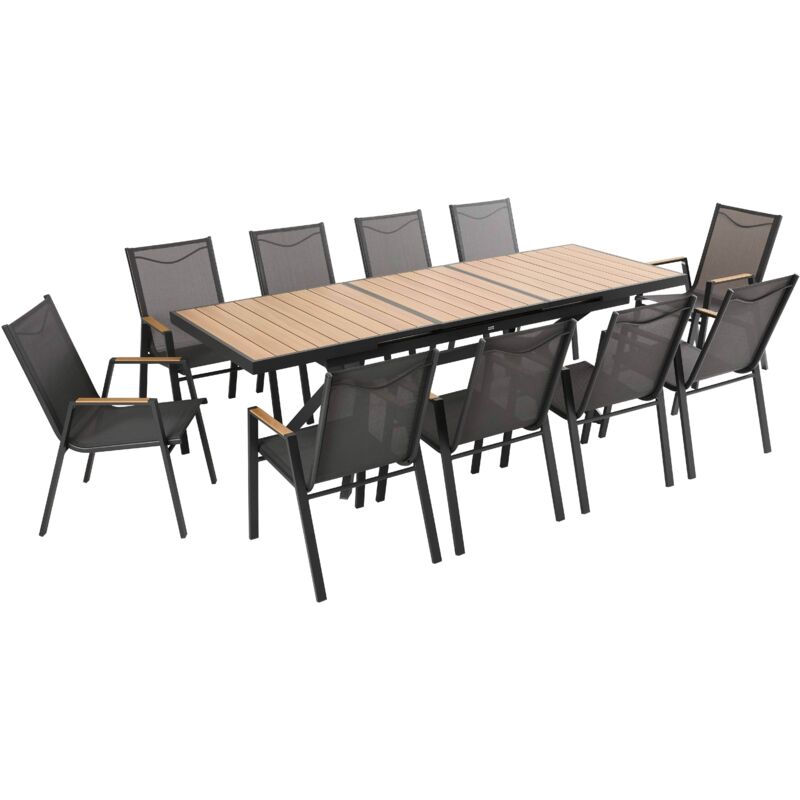 Table de jardin extensible 187/250 cm en aluminium et 10 chaises