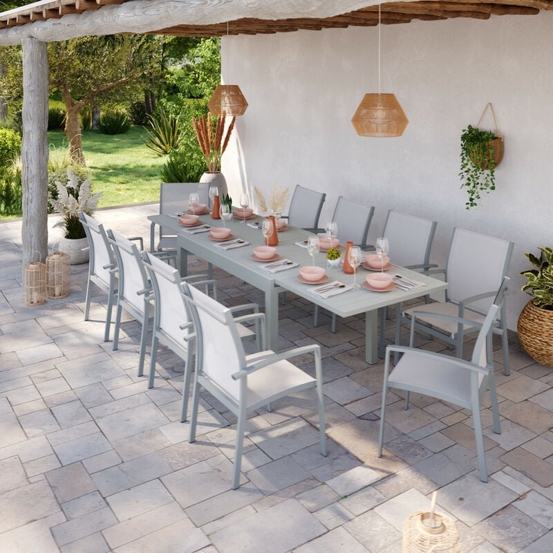 Table de jardin extensible aluminium 135/270cm + 10 fauteuils empilables textilène gris - ANDRA - Gris