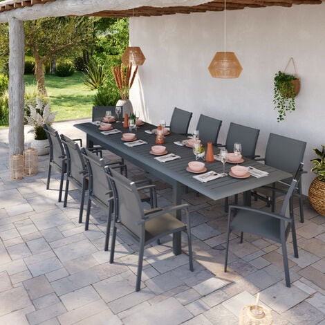 Table de jardin extensible aluminium 220/320cm + 10 Fauteuils empilables textilène Gris Anthracite - ANDRA XL - Anthracite