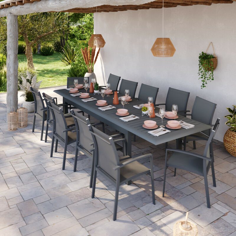 Avril Paris - Table de jardin extensible aluminium 220/320cm + 12 fauteuils empilables textilène Gris Anthracite - ANDRA XL - Gris anthracite