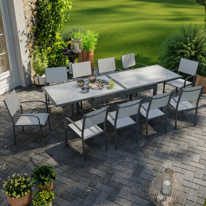 Table de jardin extensible aluminium 270cm + 10 fauteuils empilables textilène anthracite gris - lio 10 - Gris