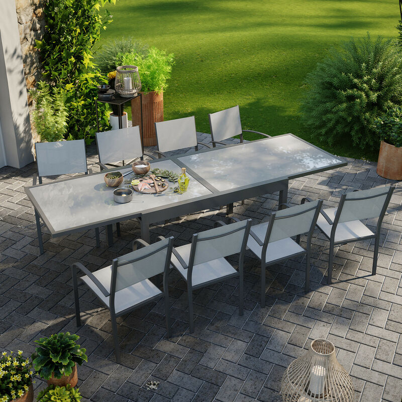 Avril Paris - Table de jardin extensible aluminium 270cm + 8 fauteuils empilables textilène anthracite gris - lio 8 - Gris