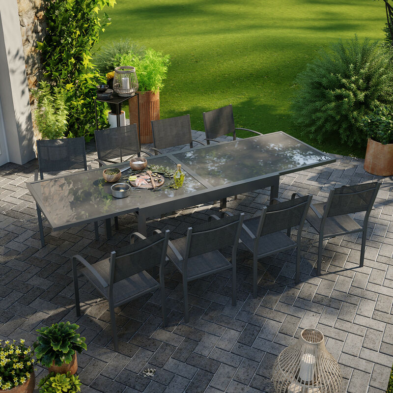 Table de jardin extensible aluminium 270cm + 8 fauteuils empilables textilène anthracite - lio 8 - Noir