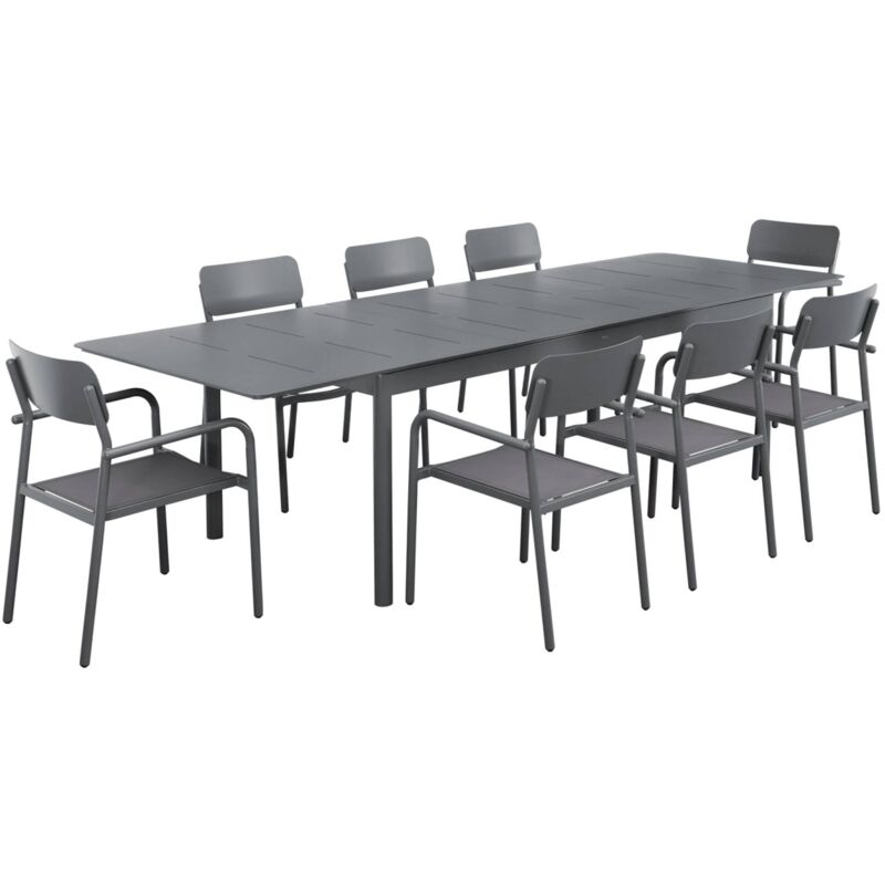 Table de jardin extensible aluminium + 8 assises anthracite. 8 fauteuils textilène. 210/300 x 100 x 75.5 cm