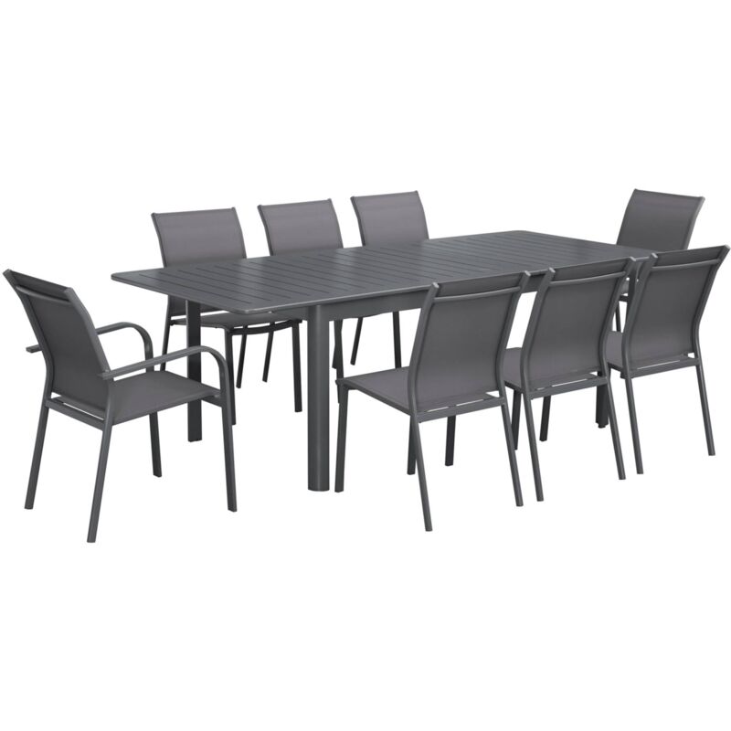 Table de jardin extensible aluminium et textilène anthracite. 6 chaises. 2 fauteuils. 8 places. 236.5 x 100 x 75 cm