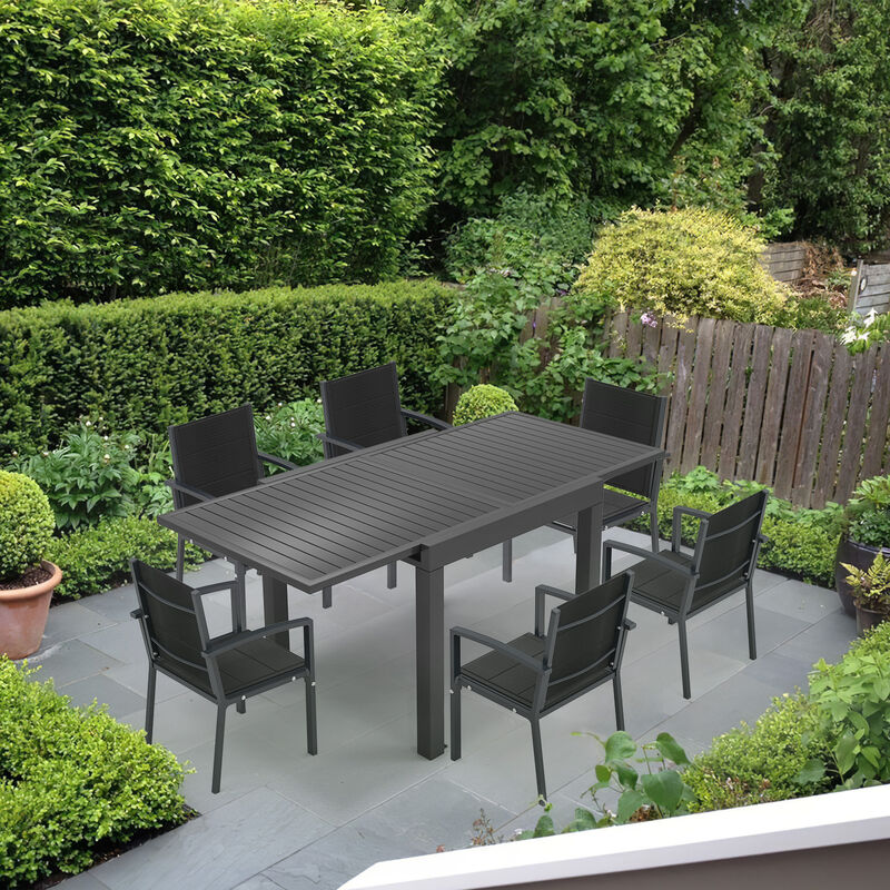 Devoko - Set of 6)Table de jardin extensible aluminium métal époxy, gris foncé, plateau de table gris foncé