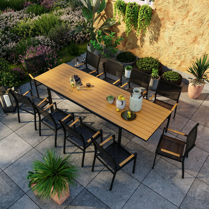 Table de jardin extensible aluminium noir 200/300cm + 10 fauteuils empilables textilène - marceau - Noir