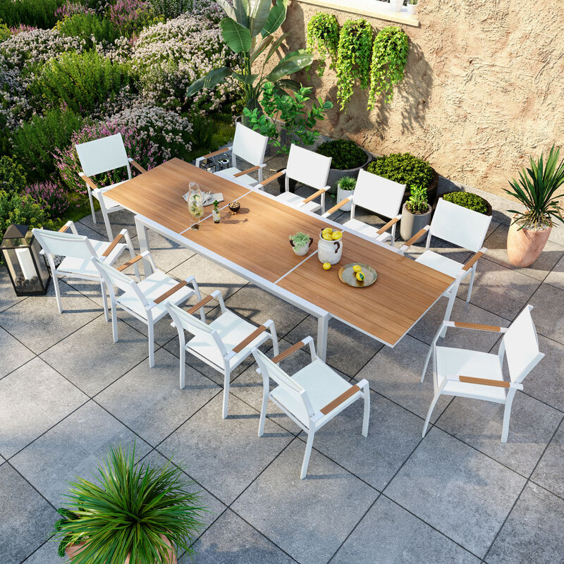 Table de jardin extensible aluminium blanche 200/300cm + 10 fauteuils empilables textilène - marceau - Blanc