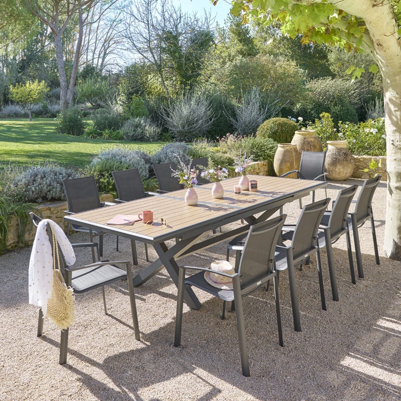 Hesperide - Table de jardin extensible Axiome effet bois honey & graphite 10 places en aluminium - Hespéride