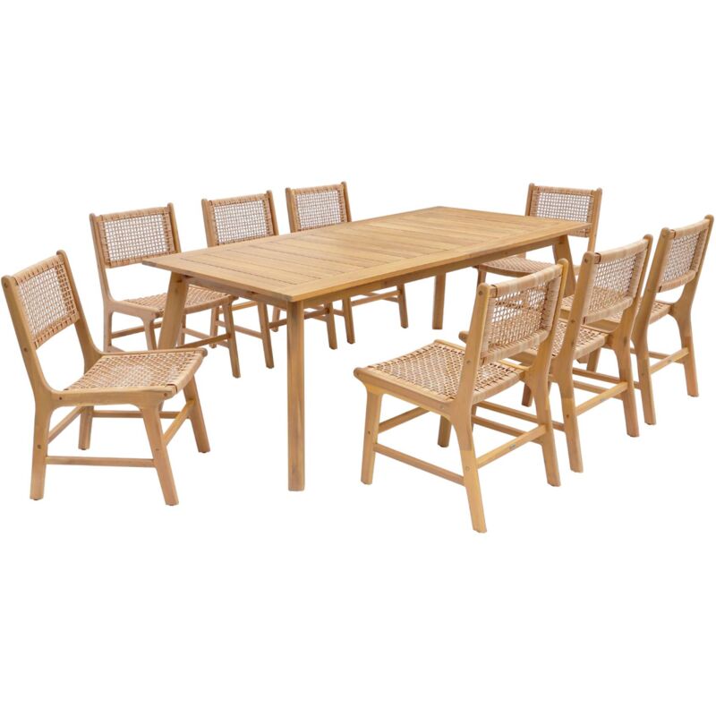 Table de jardin extensible bois d'acacia + 8 assises Palena + Ocara 200/275 x 100 x 75 cm naturel