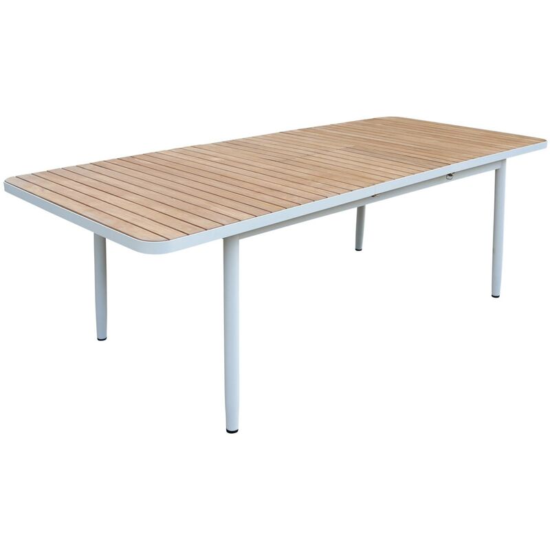 Table de jardin extensible en bois teck. structure aluminium blanc 8 places
