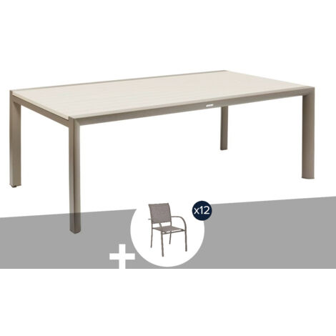 Table de jardin extensible en alu Luzane argile/café, rallonge relevable + 12 fauteuils Piazza - 12 places - Hespéride