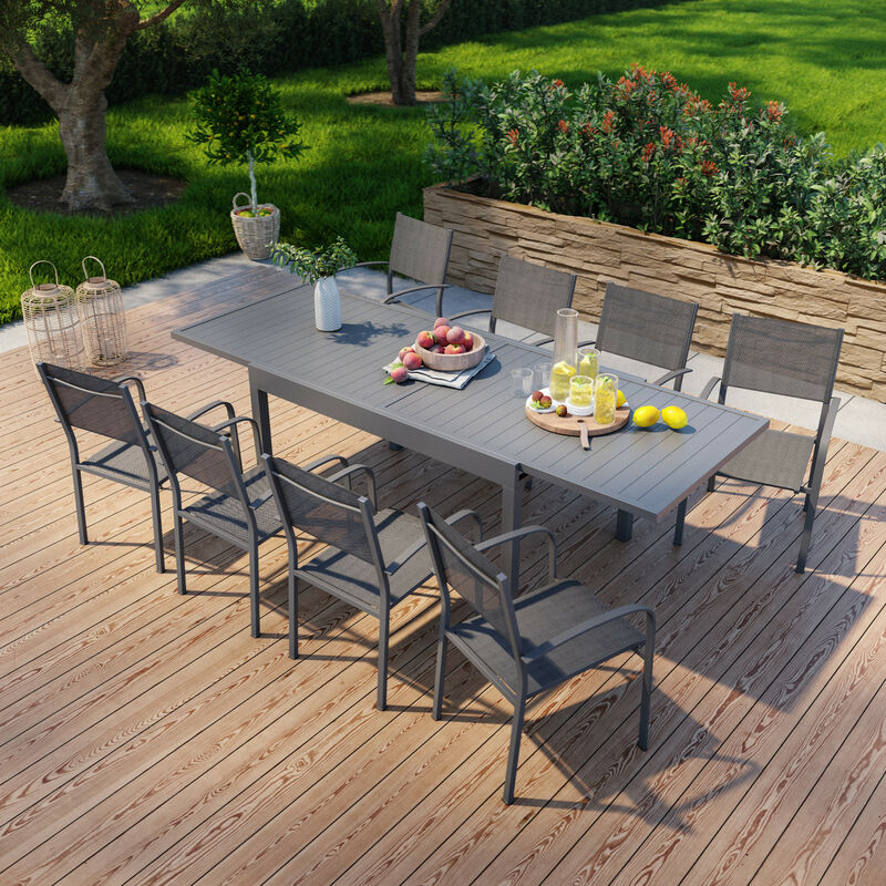 Table de jardin extensible en aluminium 270cm + 8 fauteuils empilables textilène anthracite - milo 8 - Anthracite