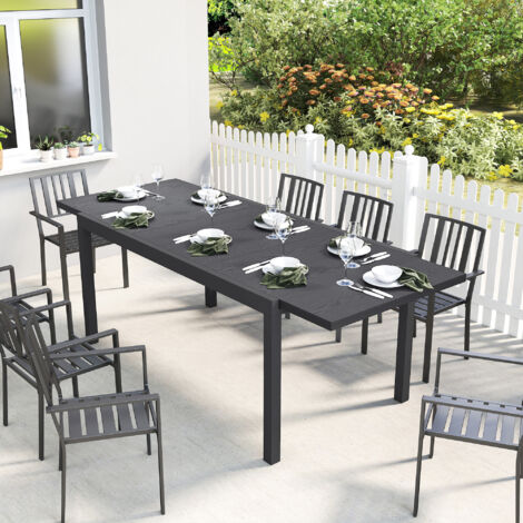 Table de Jardin Extensible Plateau Aluminium Effet Bois Pieds Réglables 8-10 Personnes 214x85x75cm Gris Anthracite