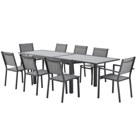Table de jardin extensible rectangulaire – Structure aluminium – Plateau en verre trempé – 8 places – L 135-270 x H 75 cm