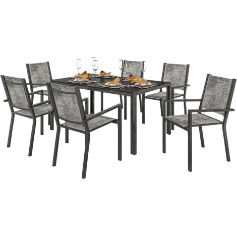 Table de jardin extérieure 6 chaises empilables, plateau à lattes 150 cm, acier anti-rouille noir, mobilier de terrasse résistant, ensemble repas extérieur design.