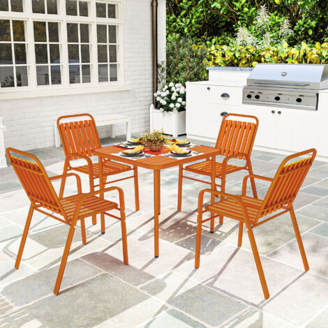 Table de jardin extérieure avec 4 chaises empilables. plateau à lattes 80 cm. structure en acier anti-rouille. orange