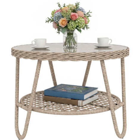 Table de jardin extérieure en rotin Table auxiliaire de jardin avec étagère supérieure en verre trempé 65x65x50 cm Jaune