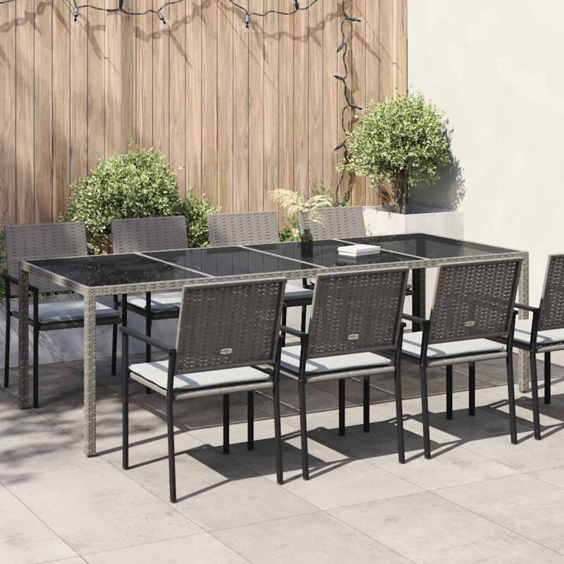 Table de jardin gris 250x100x75 cm Verre trempé et poly rotin, Gris, 316727