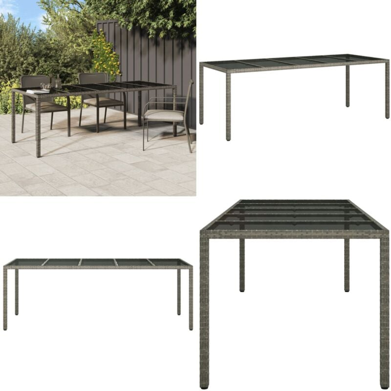 Table de jardin gris 250x100x75 cm Verre trempé et poly rotin - Table De Jardin - Table Extérieure - Mobilier De Jardin - Table En Résine Tressée