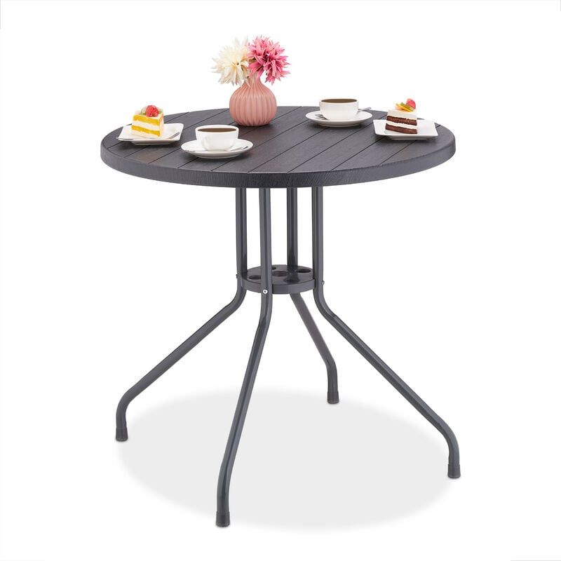Table de jardin, h x d : 75 x 80 cm, aspect bois, plastique & acier, forme ronde, gris - Relaxdays