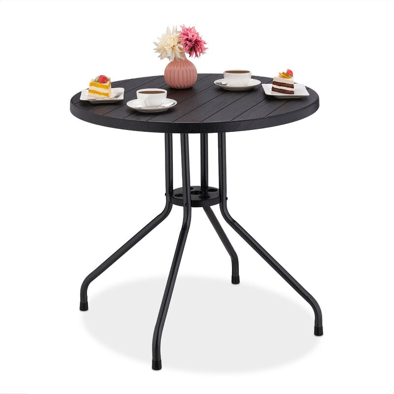 Table de jardin, h x d : 75 x 80 cm, aspect bois, plastique & acier, forme ronde, noir - Relaxdays