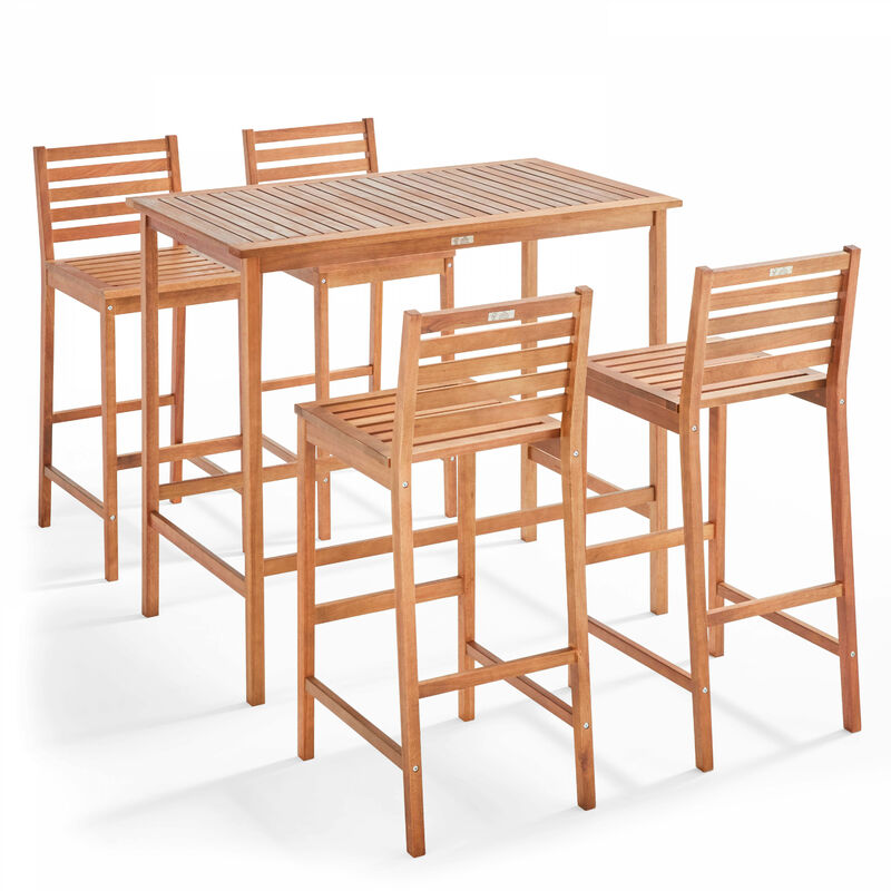 Table de jardin haute en bois et 4 tabourets