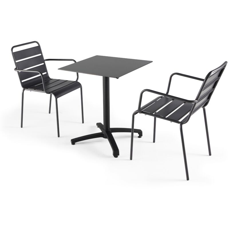Oviala - Ensemble table de jardin stratifié noir et 2 fauteuils palavas gris