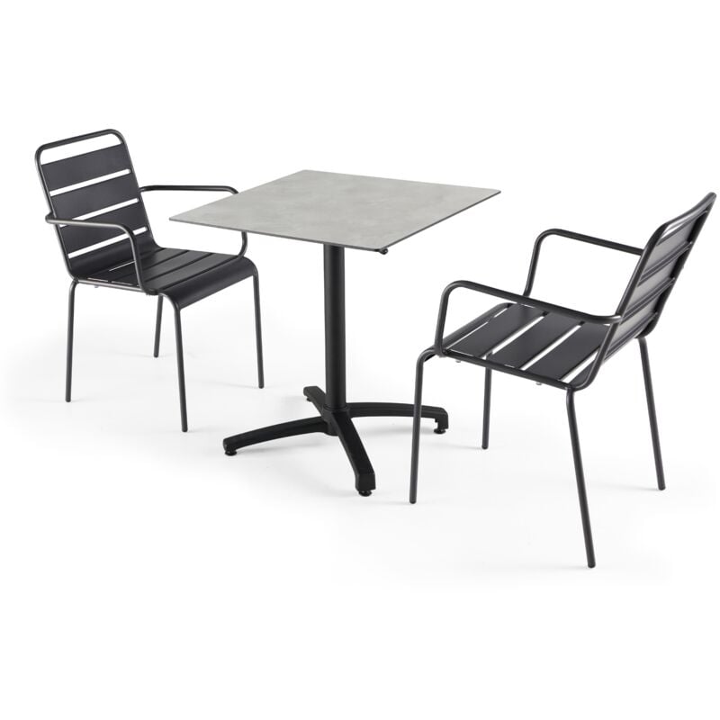 Ensemble table jardin stratifié beton gris clair et 2 fauteuils gris