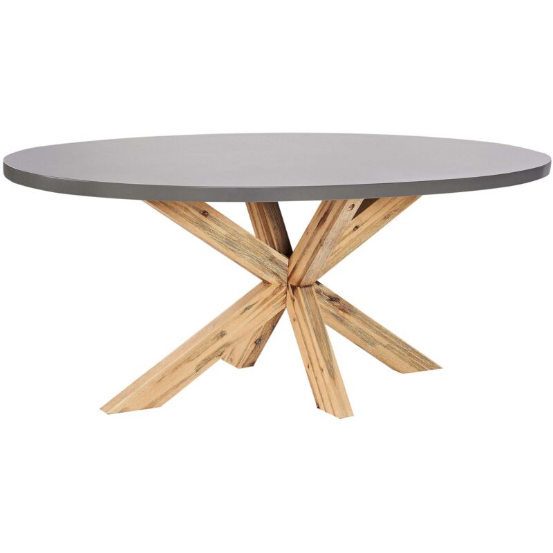 Beliani – Table de jardin en béton 190 x 100 cm – 6 places – Pieds en bois d'acacia – Style moderne – Résistante aux UV et intempéries