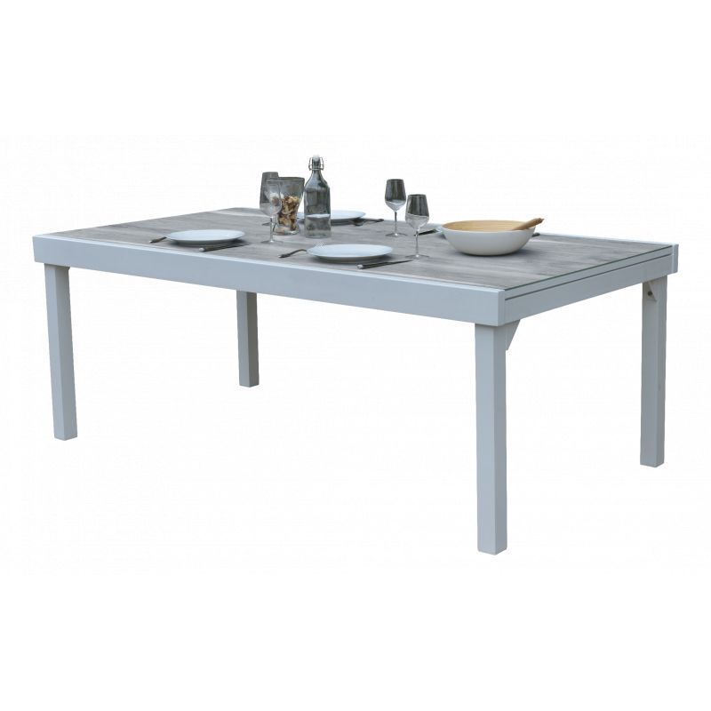 Wilsa Garden - Table de jardin ModuloWood t 8/12 Verre Déco Bois Blanc