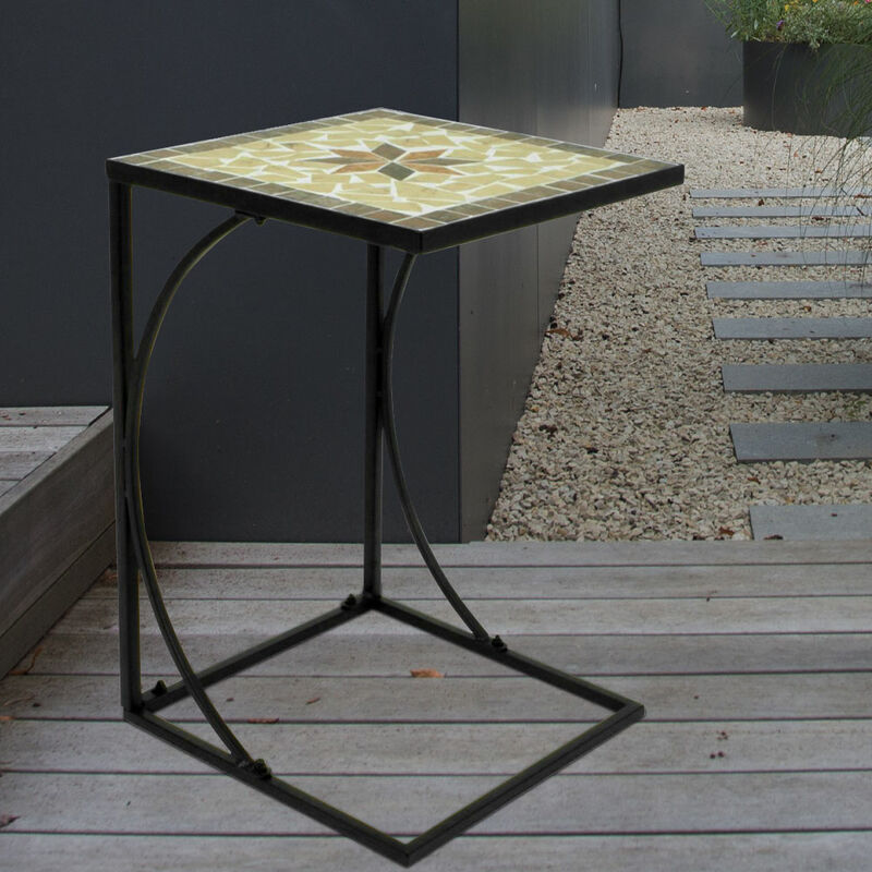 Table de jardin mosaïque ronde jardinière en métal table de jardin mosaïque de jardin Méditerranée, fer, max 30 kg, beige ocre marron, LxlxH 35x35x53