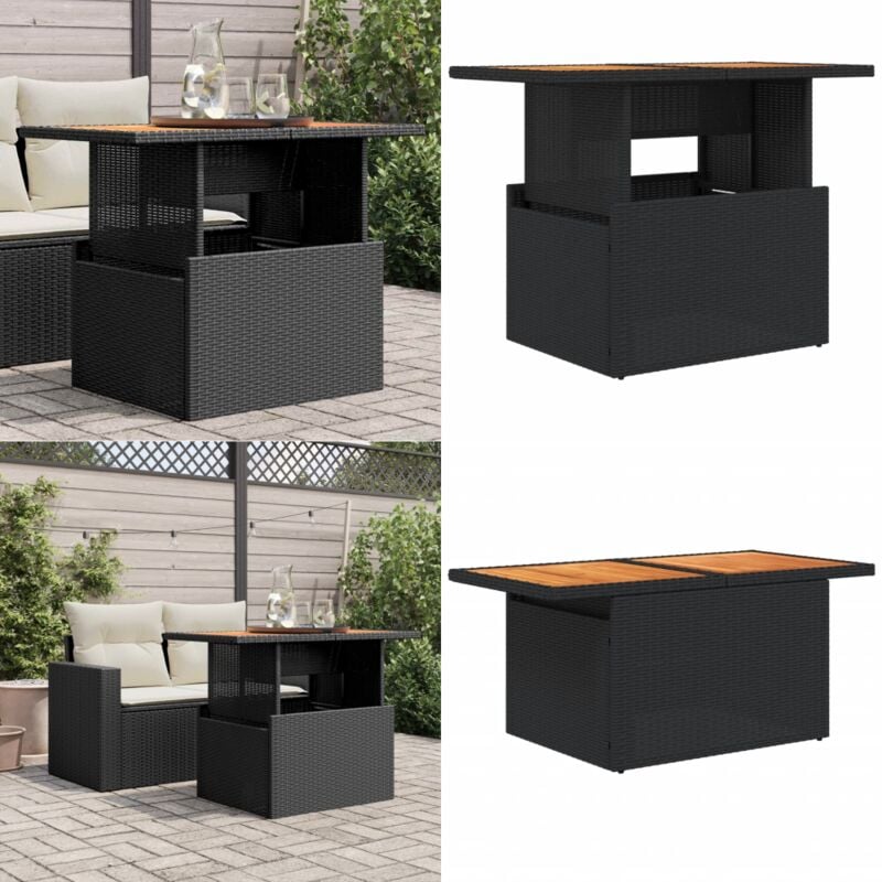 Table de jardin noir 100x55x73 cm résine tressée et bois acacia - Table De Jardin - Table Extérieure - Mobilier De Jardin - Table Ronde - Table