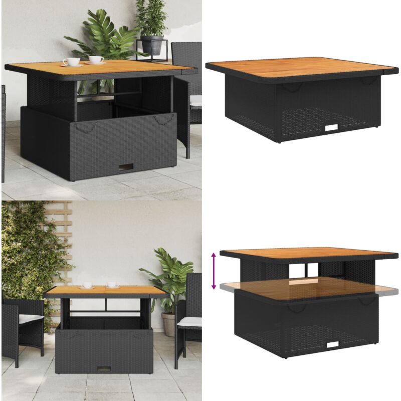 Table de jardin noir 110x110x71cm résine tressée et bois acacia - Table De Jardin - Table Extérieure - Mobilier De Jardin - Table Ronde - Table