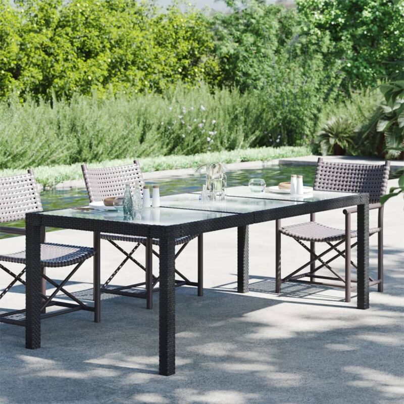 Table de Jardin en Résine Tressée avec Plateau en Verre Trempé – Noir 190×90×75 cm