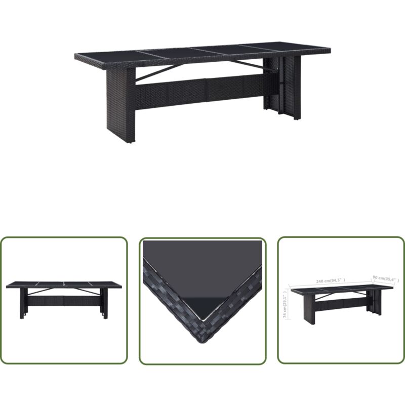 The Living Store - Table de jardin Noir 240x90x74 cm Résine tressée et verre - Table De Jardin - Table D'extérieur - Mobilier De Jardin - Table En
