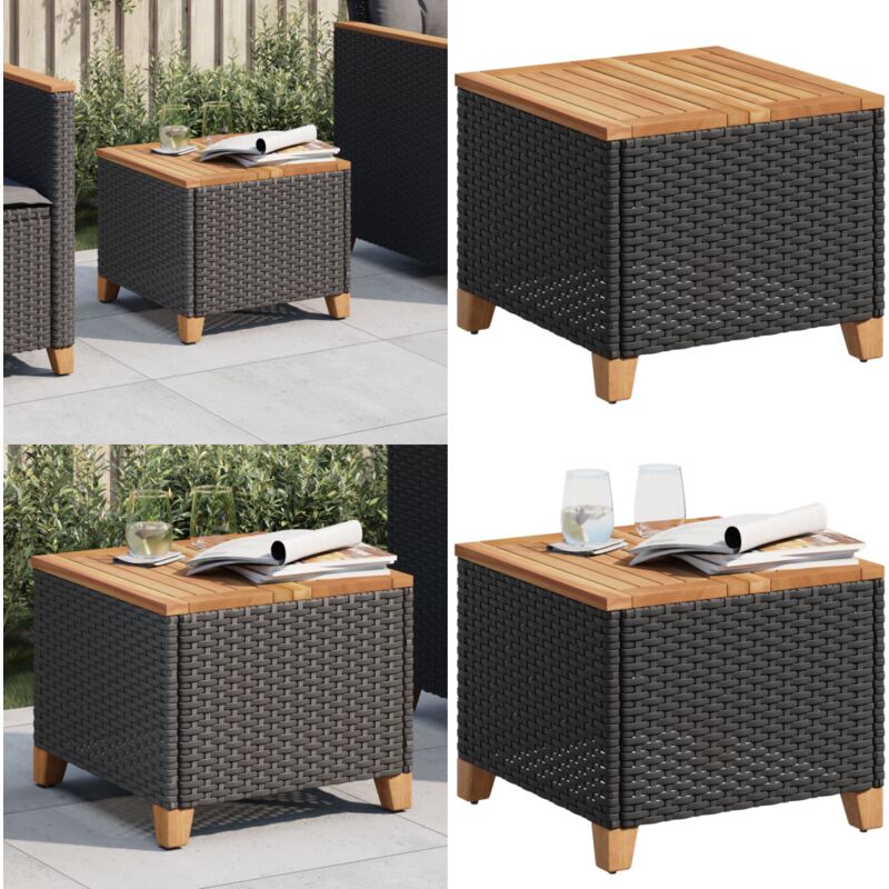 Table de jardin noir 45x45x37 cm résine tressée et bois acacia - Table De Jardin - Mobilier De Jardin - Table Extérieure - Table Patio - Table Ronde