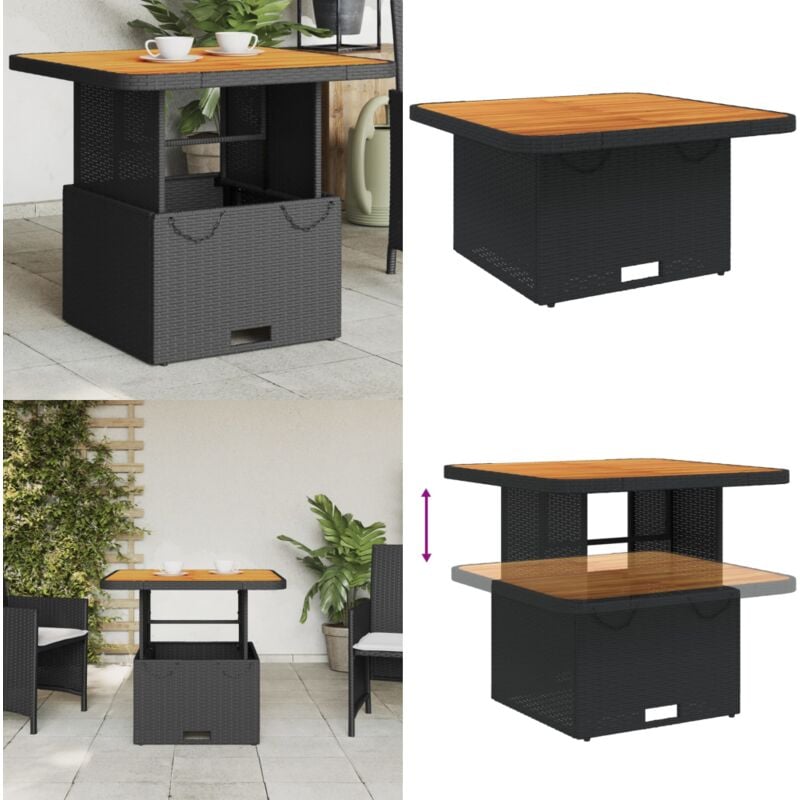Table de jardin noir 80x80x71 cm résine tressée et bois acacia - Table De Jardin - Table Extérieure - Mobilier De Jardin - Table Ronde - Table