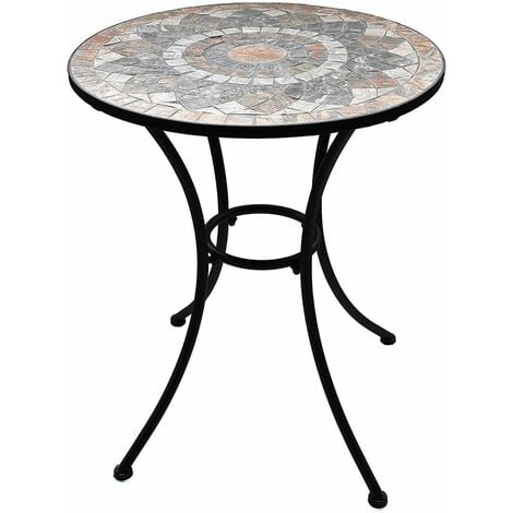 Table de jardin pierre naturelle mosaïque Ø 60cm dessin vintage plateau de table résistant aux intempéries - noir