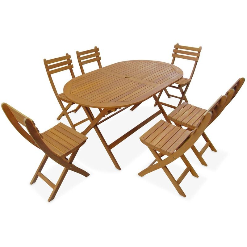 Table de jardin pliable 150cm en bois d'acacia déjà huilé. forme ovale avec 6 chaises pliables