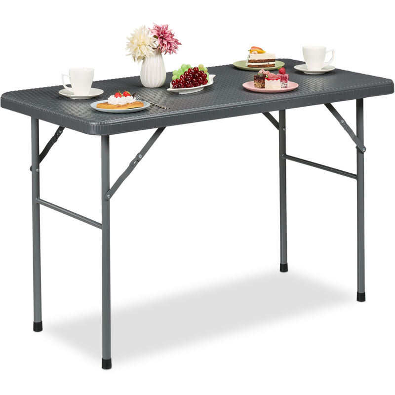 Relaxdays - table de jardin pliante, 74x121,5x61 cm, plastique et acier, résistante aux intempéries, aspect rotin, grise